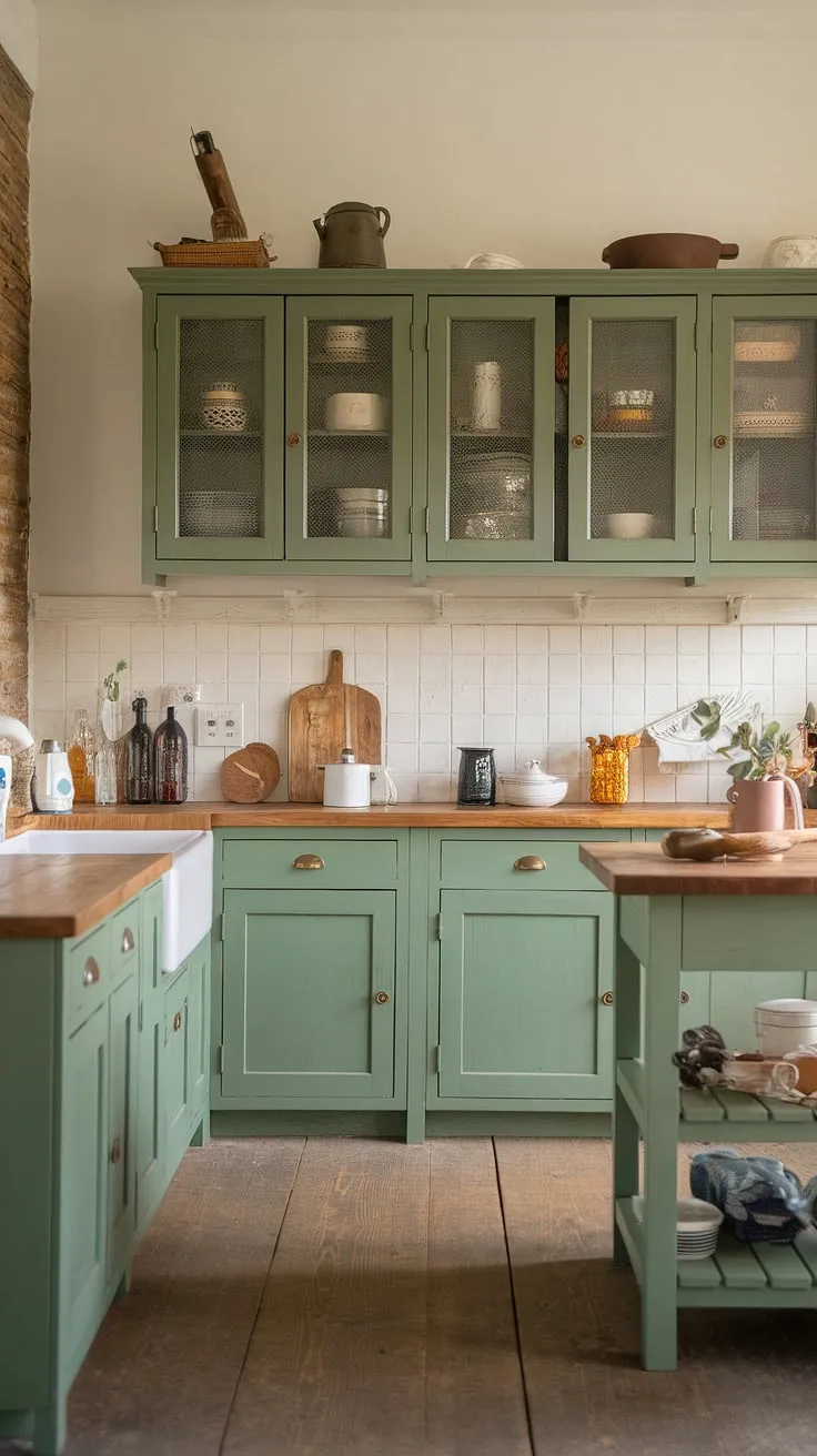 This charming sage green kitchen features eucalyptus green cabinets, rustic green wood accents, and a pine island, all set against a soft white backdrop.