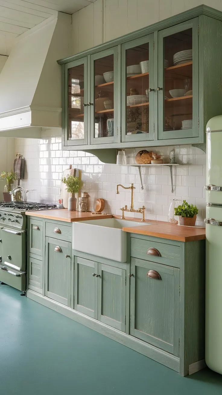 This cozy farmhouse-style kitchen features rustic green wood cabinets in a sage green palette, complemented by a pine countertop and a sea green floor.