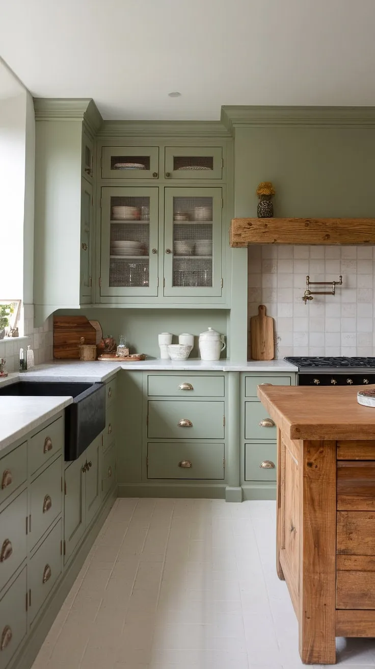 Featuring sage green and eucalyptus wood cabinets, this kitchen blends rustic design with a white countertop and pine island for a stylish green rustic aesthetic.