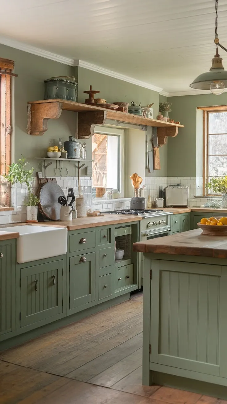 With its distressed green rustic kitchen cabinets and vintage light fixture, this kitchen beautifully blends sage green and pine elements for a cozy, inviting space.