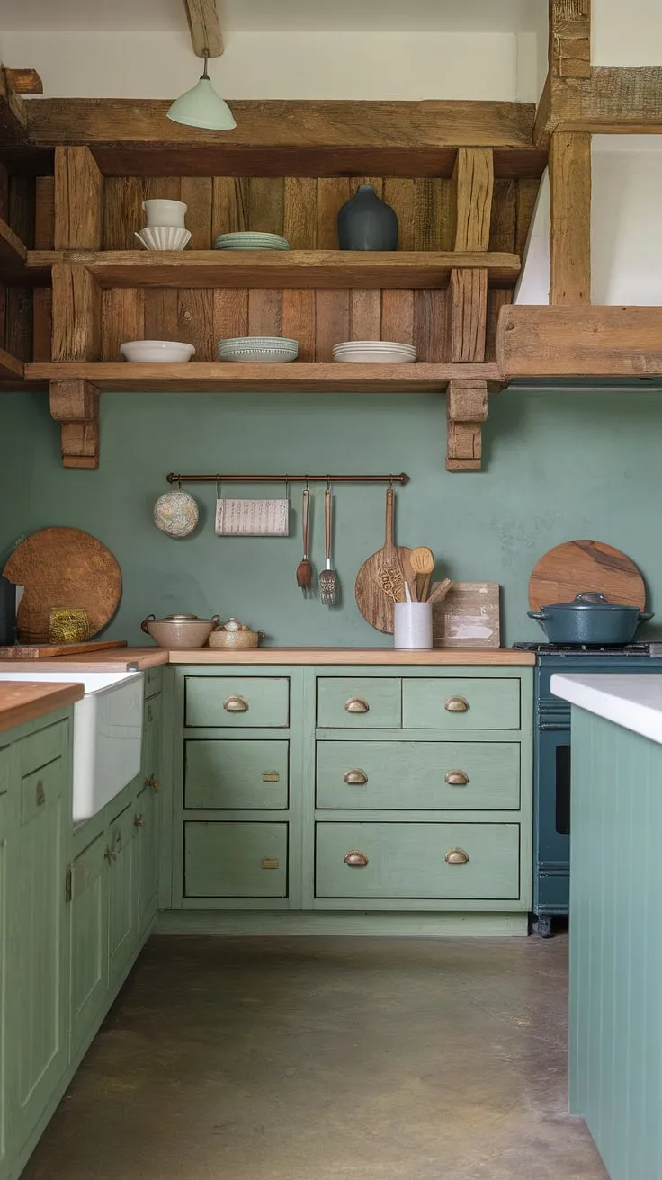 This kitchen showcases a stunning sage green palette with rustic green wood cabinets, complemented by a sea green backsplash and white island, creating a harmonious blend of style.