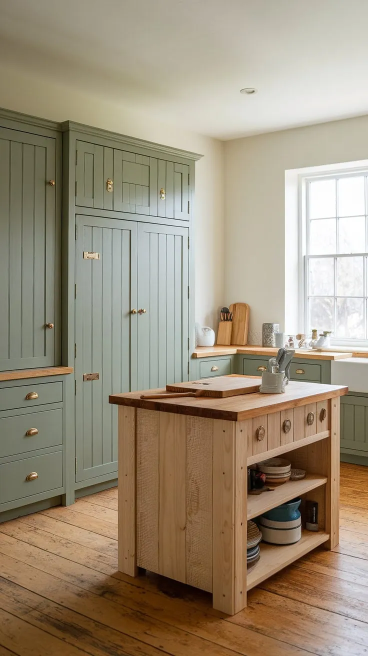 This inviting kitchen features rustic eucalyptus green cabinets and a pine island, harmonizing beautifully with a sage green palette and white walls.