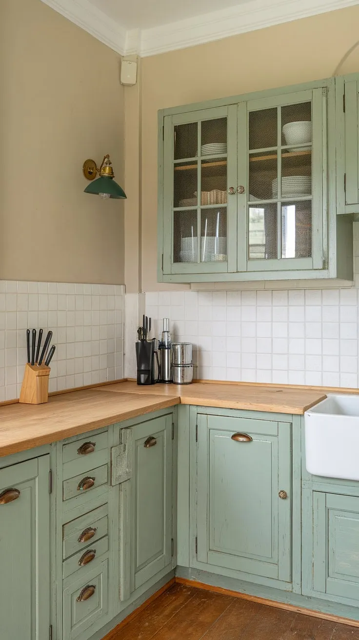 The inviting space showcases green rustic kitchen cabinets, a wood floor, and a unique green-shaded light fixture, perfectly blending sage green and pine elements.