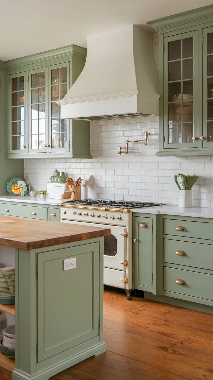With its sage green cabinets and white accents, this kitchen beautifully blends rustic charm and a fresh eucalyptus green palette.