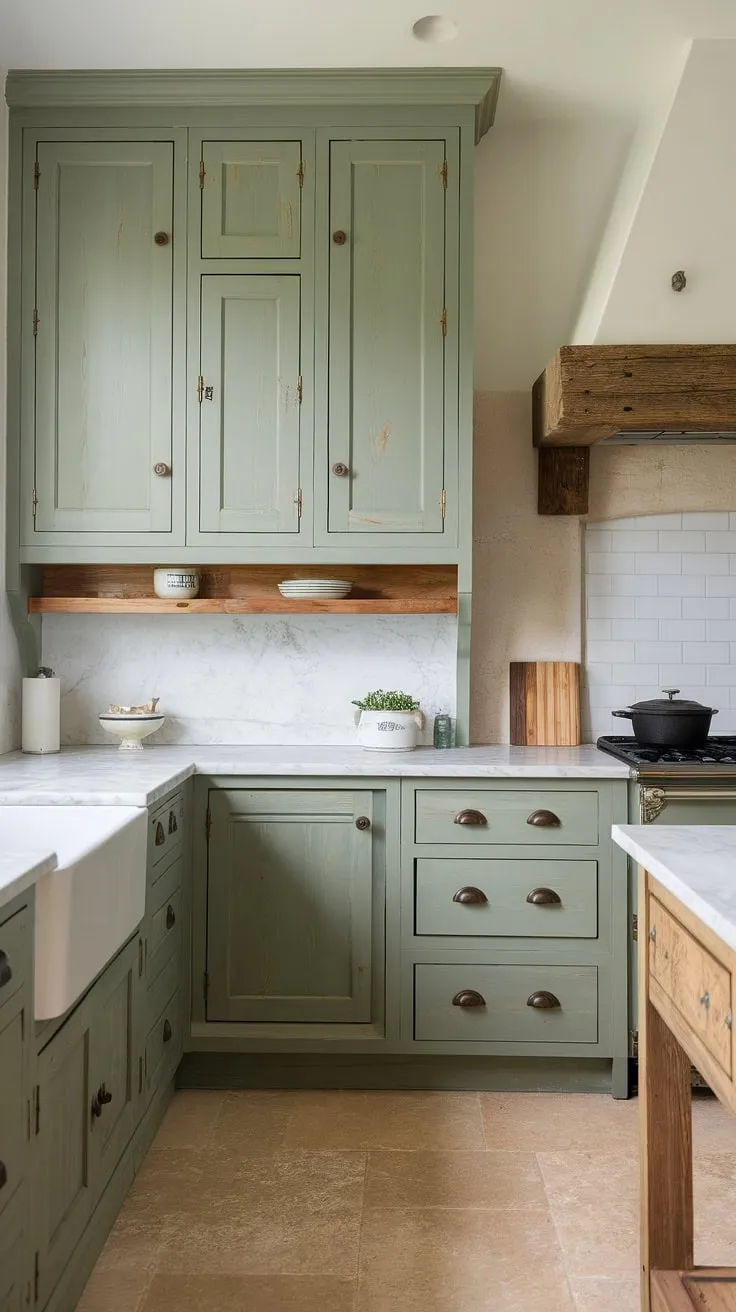 This kitchen showcases a stunning sage green palette with rustic eucalyptus green cabinets, complemented by a white marble countertop and a charming pine island.