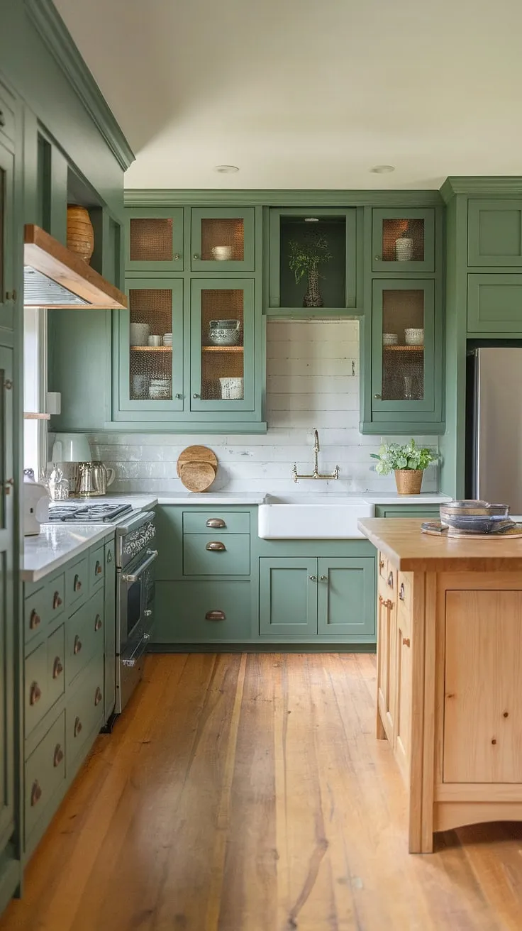 This stunning sage green kitchen features rustic eucalyptus green cabinets, a white countertop, and a pine island, creating a harmonious palette with green wood accents and soft lighting.