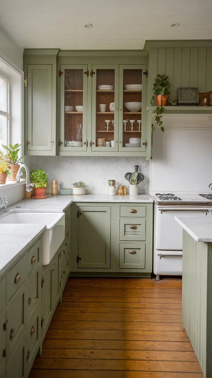 The inviting space showcases eucalyptus green kitchen cabinets alongside white elements, creating a harmonious kitchen with sage cabinets and a touch of nature.