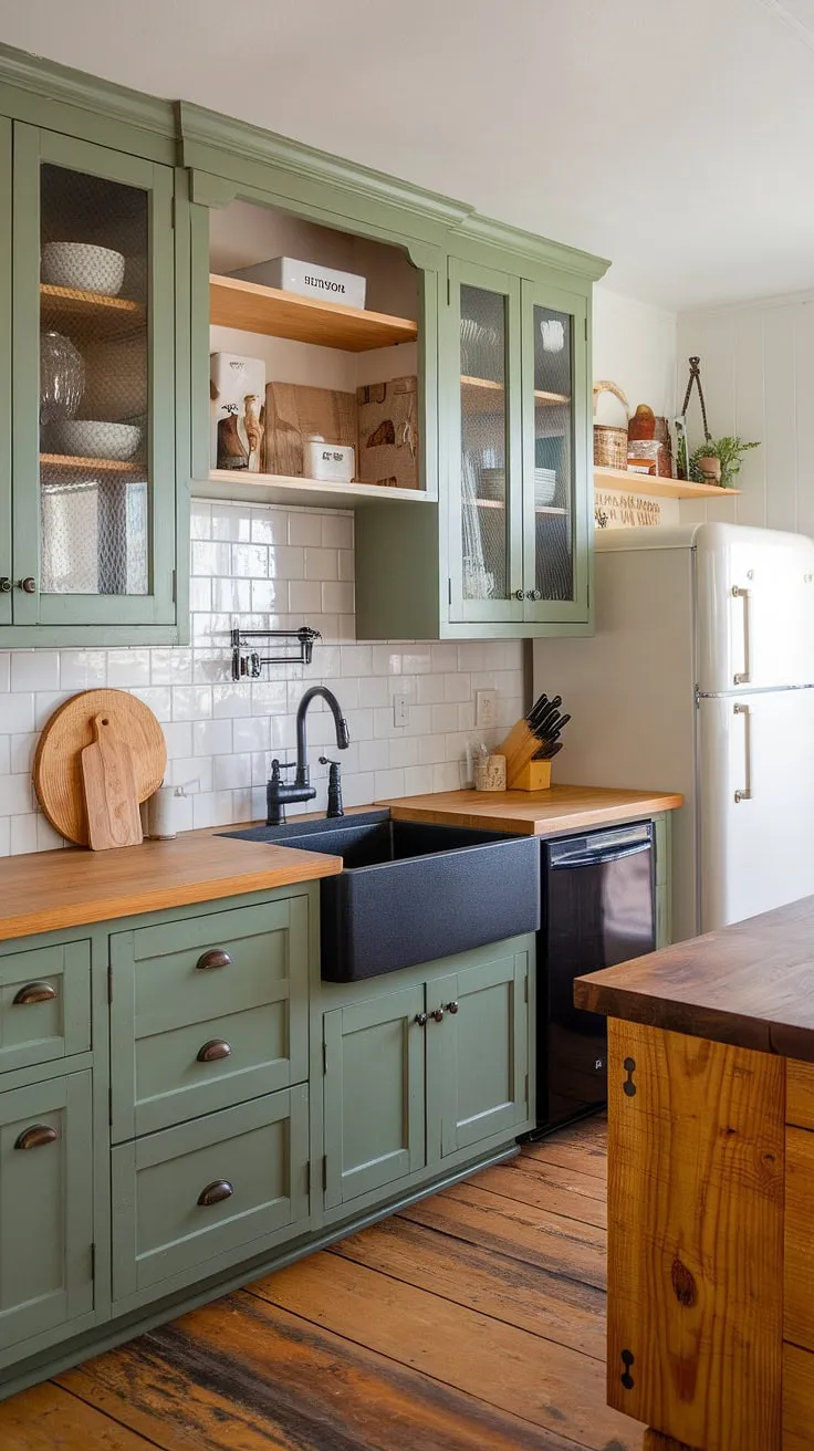 With its sage green cabinets and pine accents, this kitchen showcases a perfect fusion of rustic charm and modern elegance.