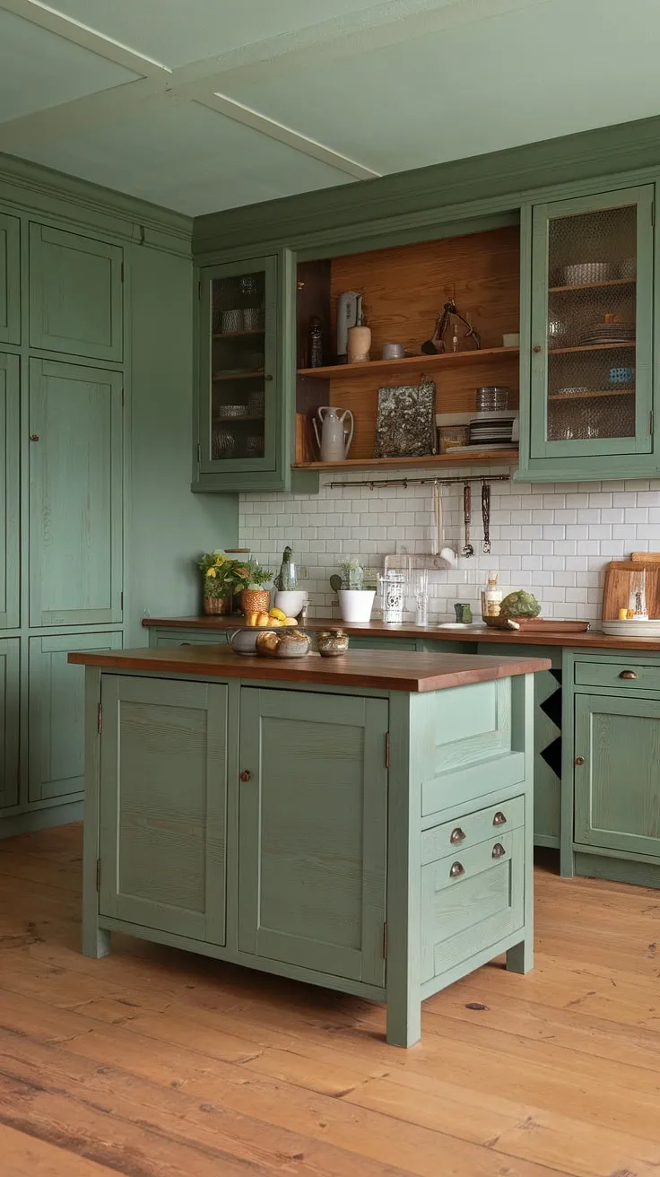 The kitchen showcases beautiful eucalyptus green cabinets, a white island, and a sea green palette, all complemented by rustic green wood elements and pine flooring.