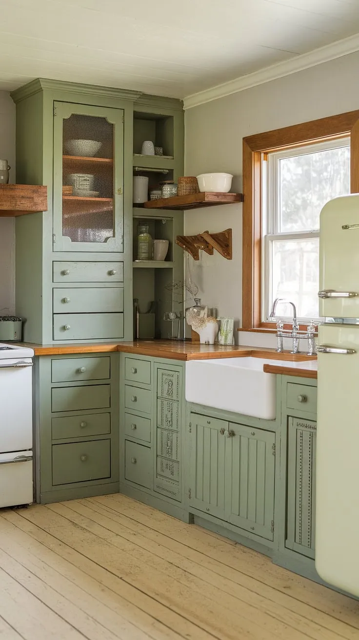 This kitchen features rustic eucalyptus green cabinets paired with a pine countertop, creating a harmonious sage green palette against white walls and light wood flooring.