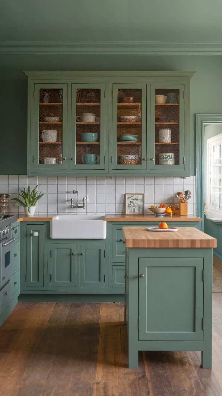 The kitchen showcases beautiful sage green and eucalyptus green cabinets, complemented by a white countertop and a rustic pine island, creating a cohesive green wood aesthetic.