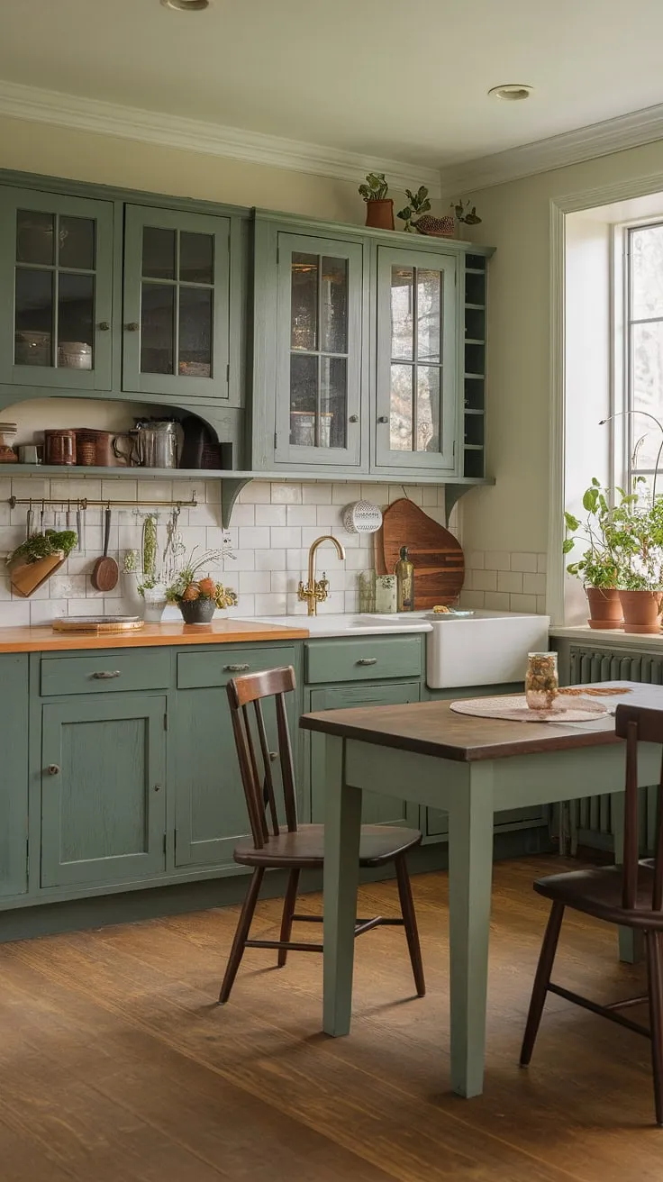 The inviting kitchen showcases sage green and pine elements, complemented by green rustic cabinets and a bright white backdrop, perfect for a cozy gathering space.