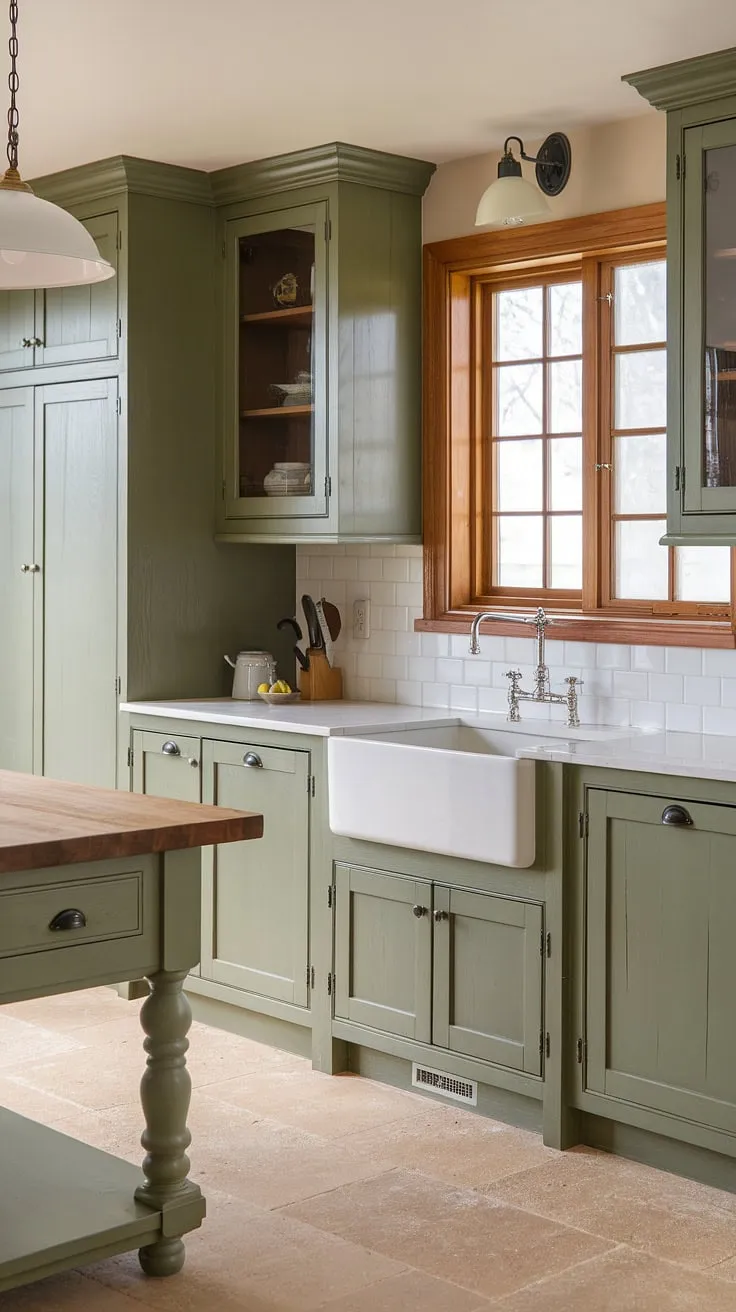 The sage green kitchen showcases eucalyptus green cabinets and a white sink, paired with a pine island, offering a fresh and inviting atmosphere.