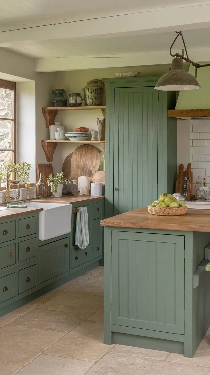 This charming sage green kitchen features eucalyptus green cabinets, rustic green wood accents, a sea green island, and pine countertops, all harmonizing beautifully with white appliances and beige tiled flooring.