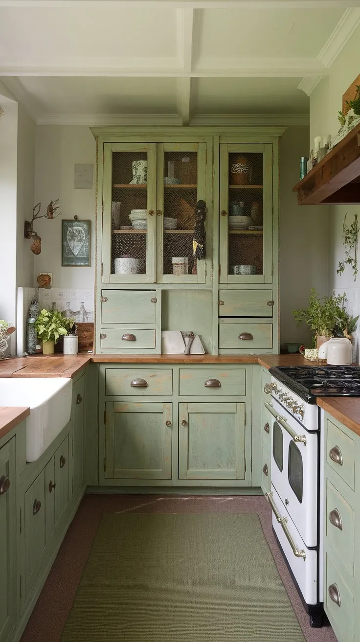 Featuring distressed green wood cabinets and a cozy green rug, this kitchen beautifully blends sage green and pine elements for a rustic yet modern feel.