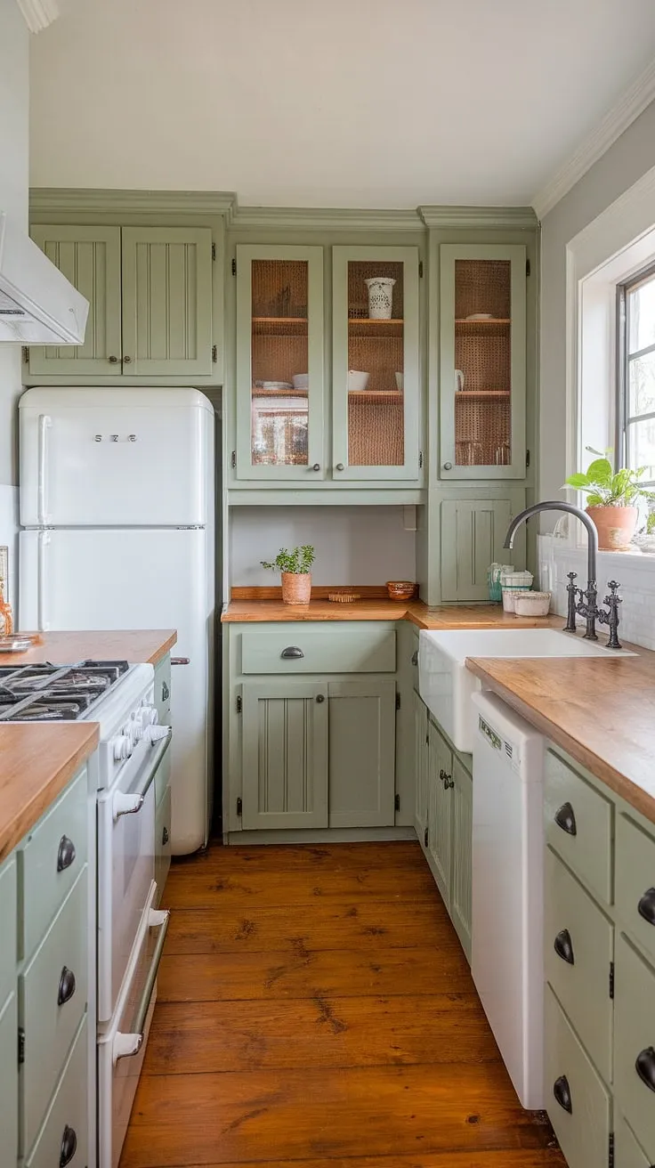 This kitchen features rustic eucalyptus green cabinets paired with pine countertops, a white farmhouse sink, and a light grey palette, creating a harmonious sage green kitchen aesthetic.