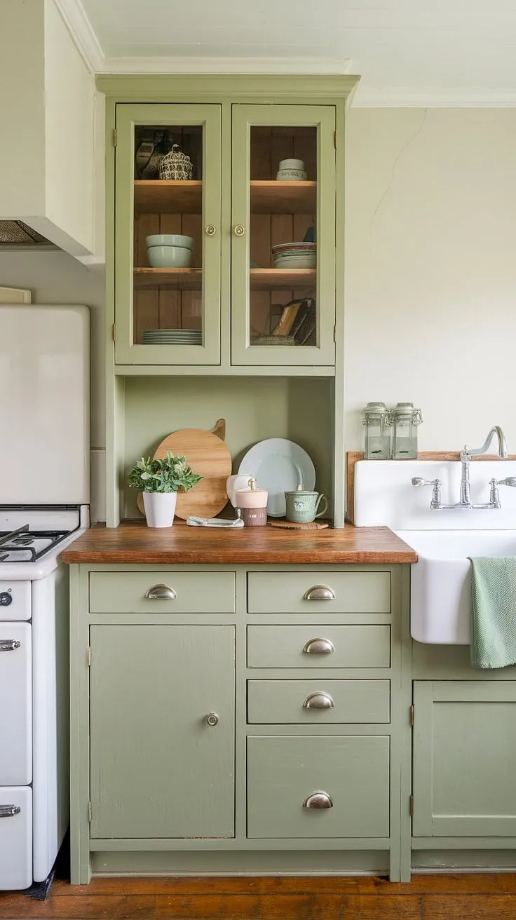 This charming farmhouse kitchen features sage green cabinets paired with rustic wood countertops, creating a harmonious sage green kitchen palette that beautifully complements the white walls and green accents.