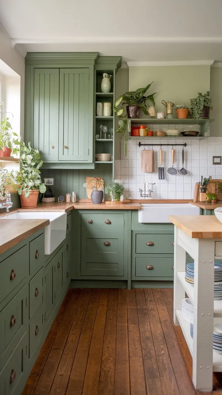 This stunning sage green kitchen features eucalyptus green cabinets, green wood countertops, and a white island with a pine top, creating a harmonious palette with rustic charm.