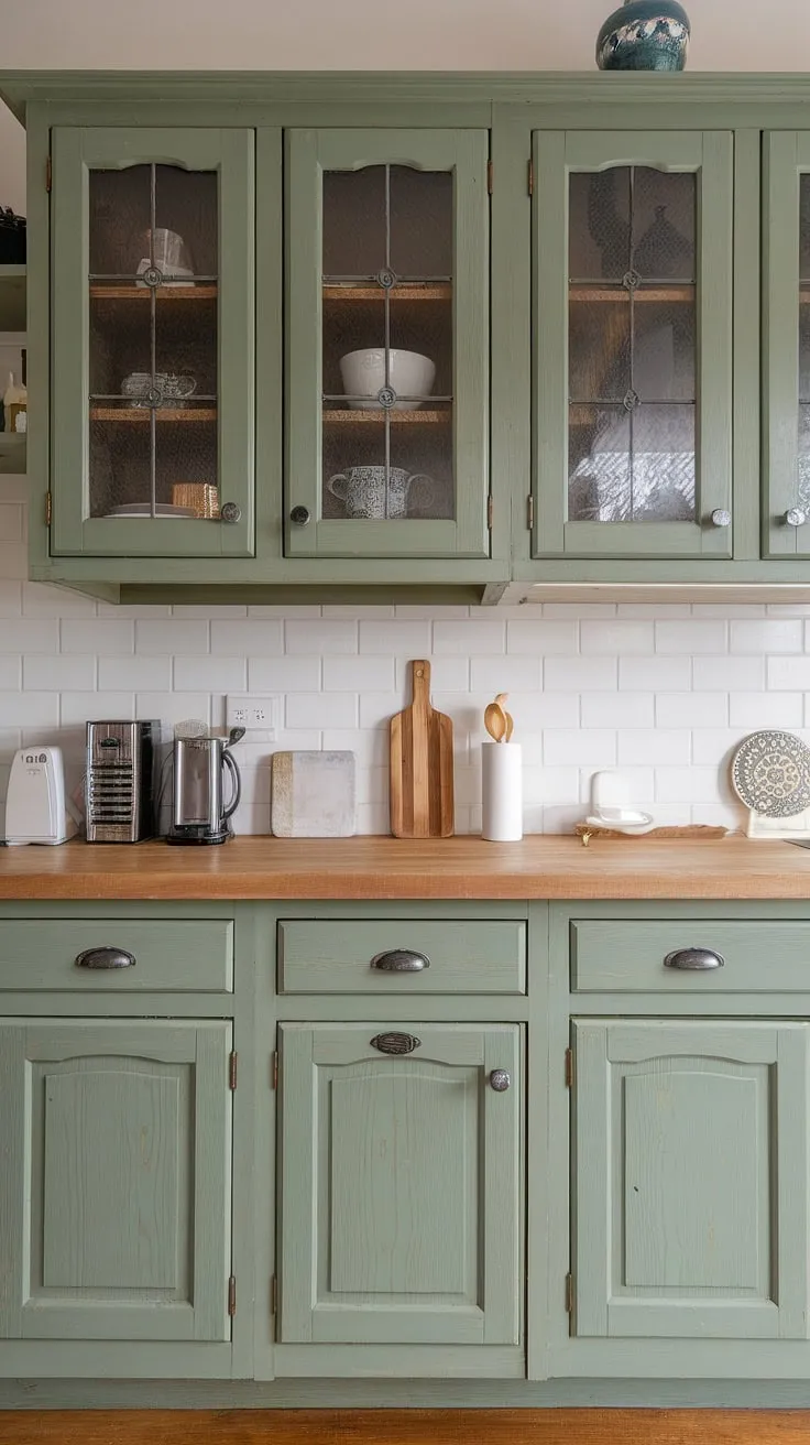 The kitchen showcases beautiful eucalyptus green cabinets alongside rustic green wood elements, perfectly blending sage green and pine for a charming and inviting space.