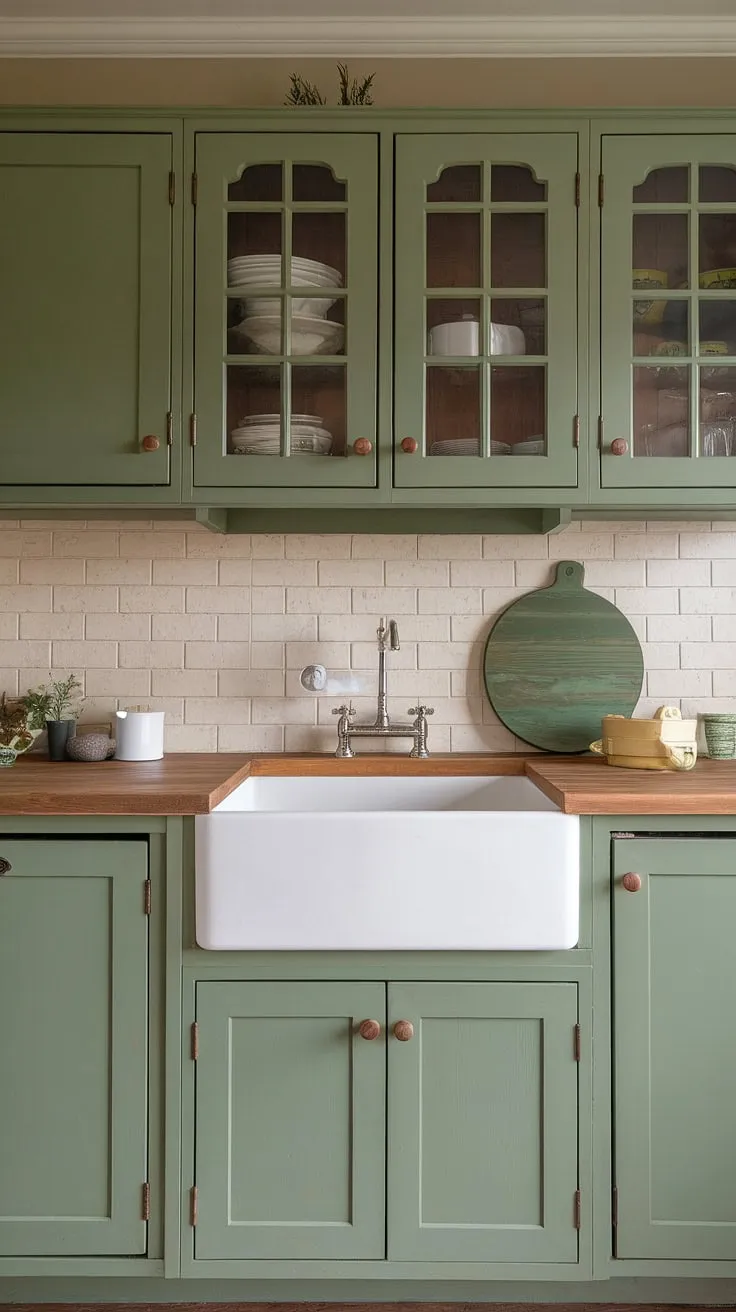 Featuring green wood kitchen cabinets and a beige backdrop, this sage green kitchen beautifully blends rustic charm with modern elegance.