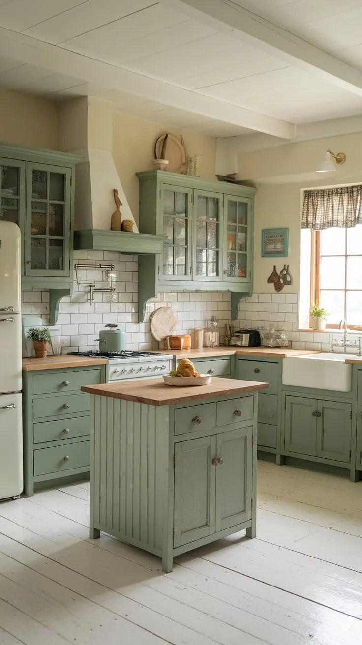 This charming sage green kitchen features eucalyptus green cabinets, rustic green wood accents, and a pine island, all set against a crisp white backdrop.