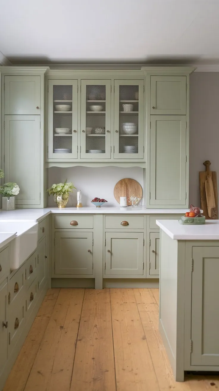 The kitchen showcases sage green cabinets paired with a white island and pine flooring, embodying a fresh and inviting sage green and pine kitchen aesthetic.