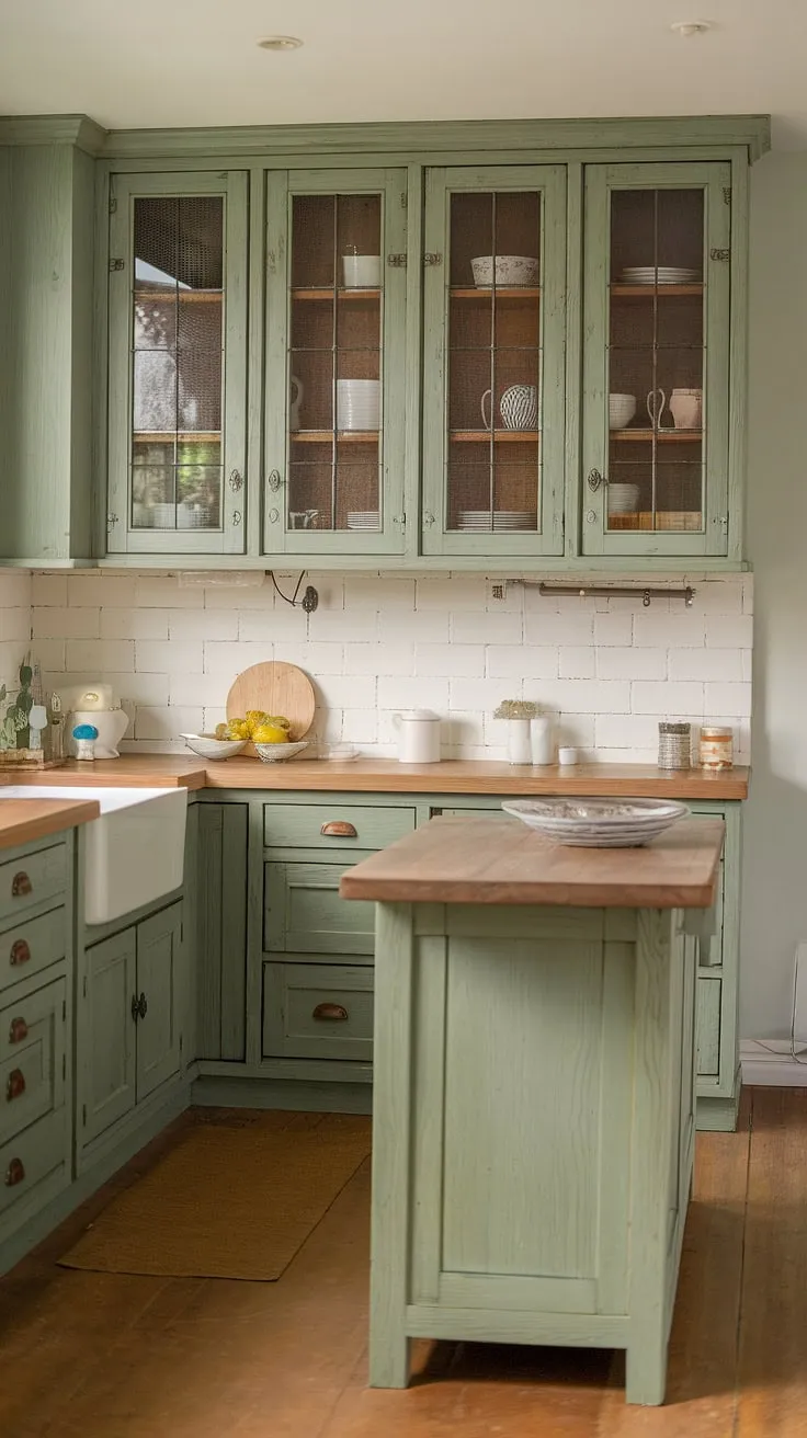 This inviting kitchen showcases rustic green wood cabinets in a soothing sage green palette, complemented by a white countertop and a charming pine island.