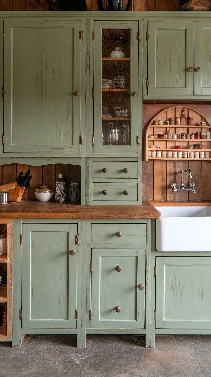 This rustic kitchen features distressed green wood cabinets in a sage green palette, complemented by a pine countertop and a white sink, creating a charming space for a sage green and pine kitchen.