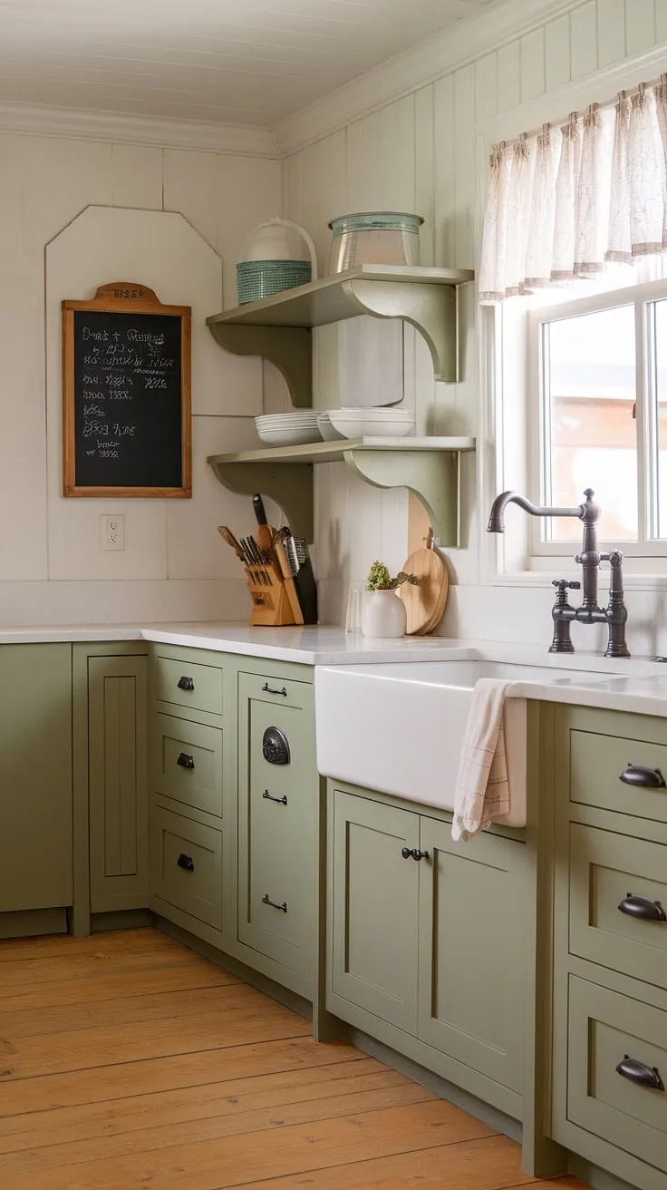 With its sage green cabinets, white farmhouse sink, and green wood accents, this kitchen beautifully blends rustic charm and modern elegance.