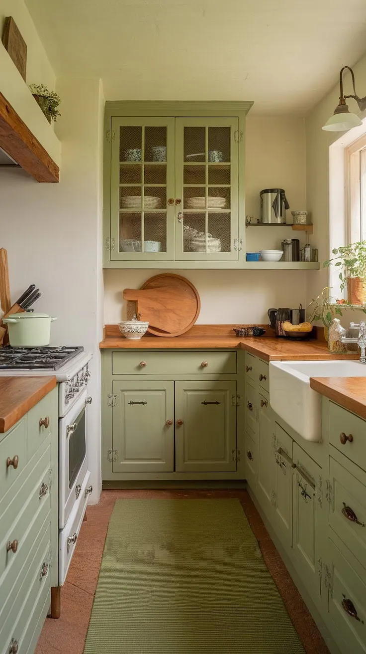 This inviting kitchen features rustic eucalyptus green cabinets paired with a warm pine countertop, complemented by a sage green palette and white walls for a cozy, stylish atmosphere.