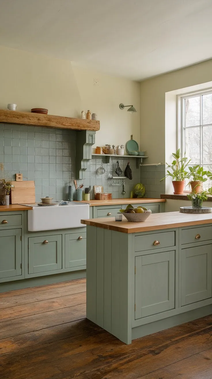 This rustic sage green kitchen features eucalyptus green cabinets, a white island with green accents, and a sea green backsplash, creating a harmonious palette with pine countertops and wooden flooring.