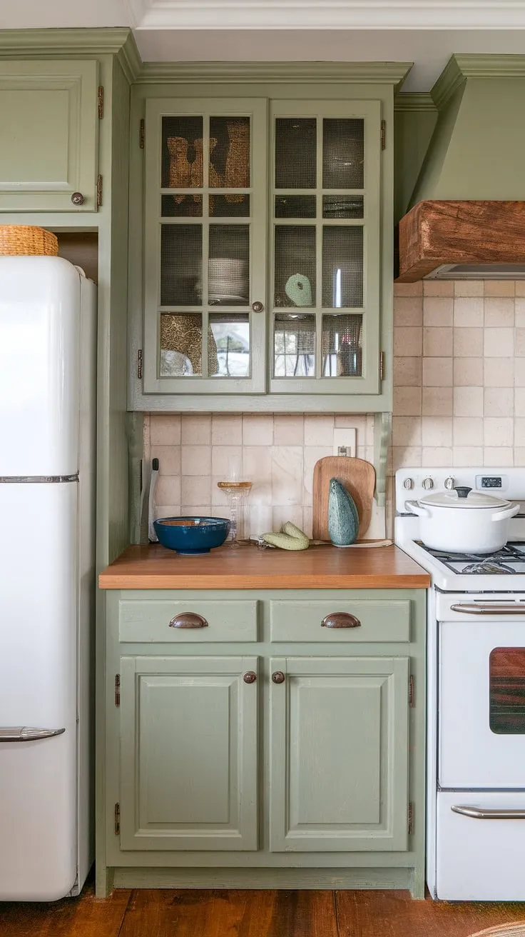 The cozy kitchen showcases sage green cabinets, a pine countertop, and white appliances, creating a harmonious blend of rustic charm and modern elegance.