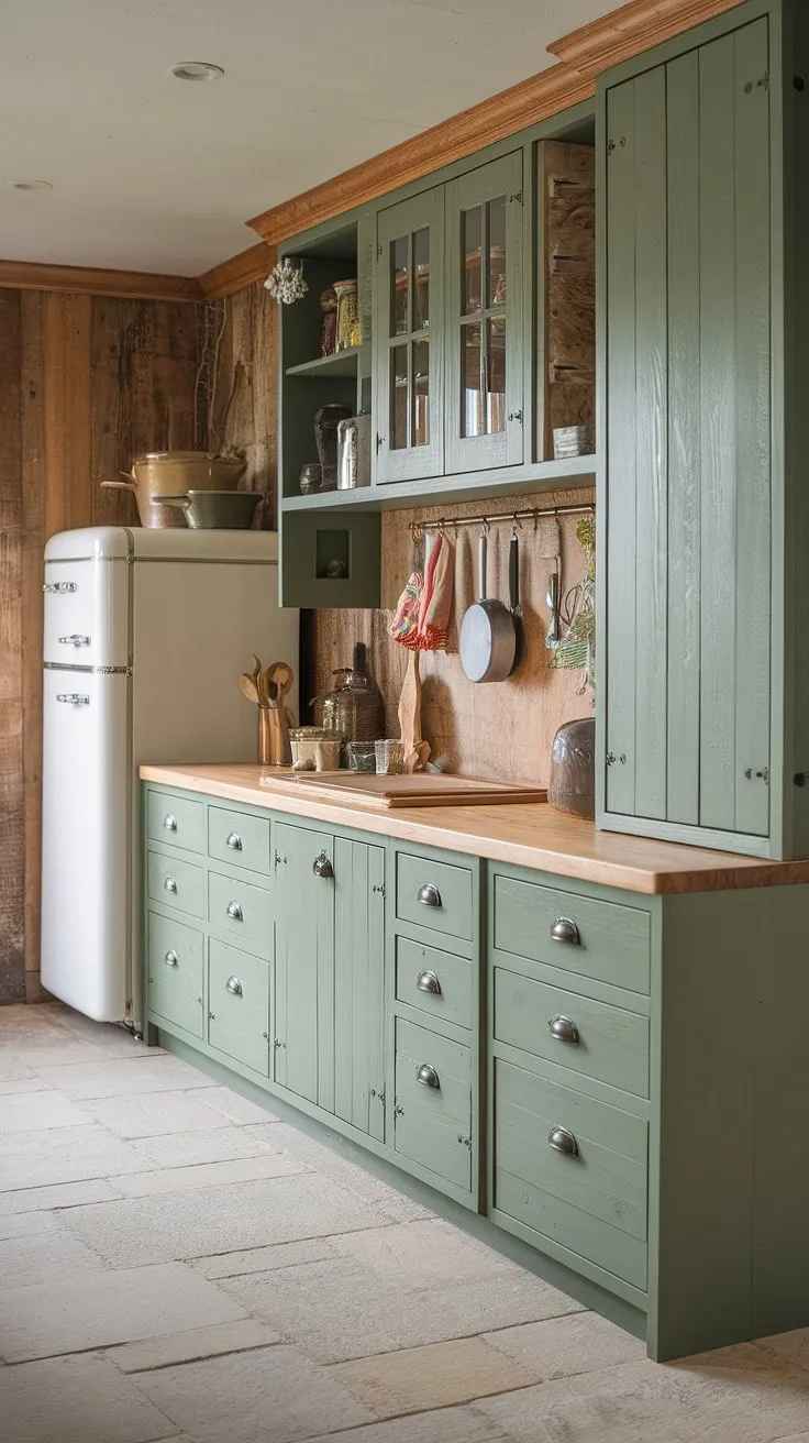 The inviting kitchen showcases sage green and pine elements, with rustic green wood cabinets and a white refrigerator, creating a cozy atmosphere perfect for any culinary enthusiast.
