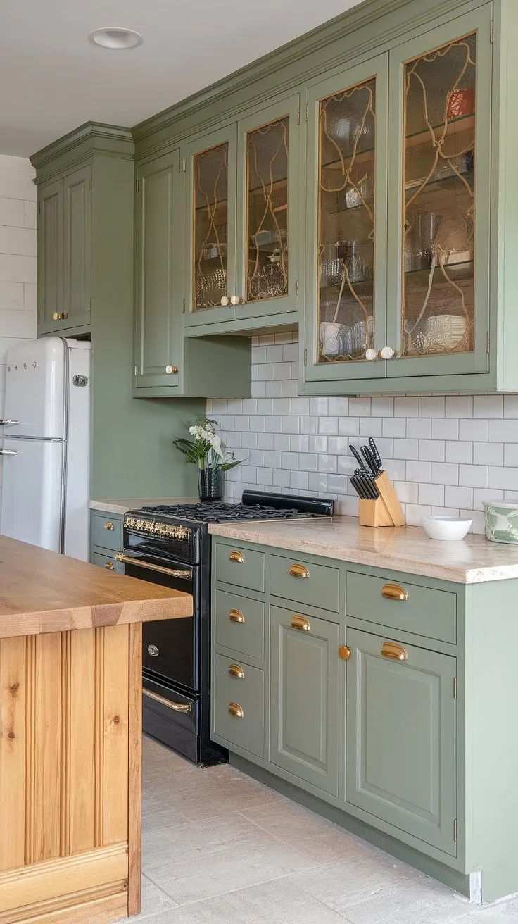 The sage green kitchen showcases rustic green wood cabinets and a pine island, enhanced by light gray tiles and a stylish white and black appliance combination.