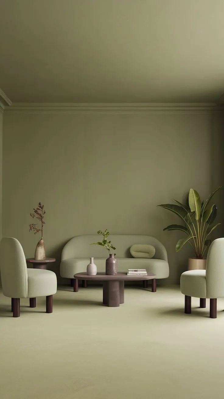 This sage green living room showcases a harmonious color palette that serves as perfect living room decor inspiration for stylish room color schemes.