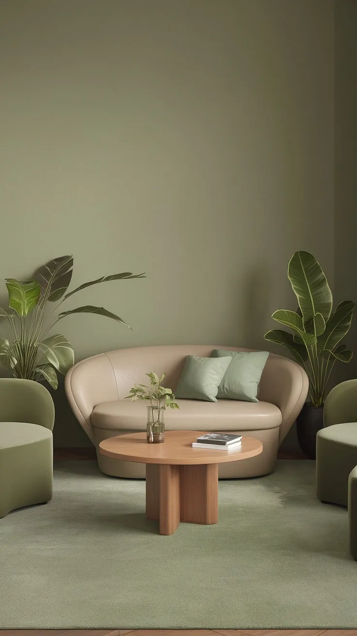 With its stylish sage green walls, cozy beige sofa, and lush plants, this living room decor inspiration showcases perfect room color schemes for a refreshing ambiance.