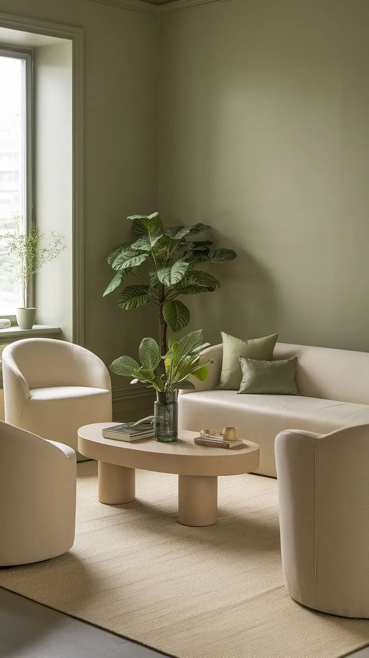 With its sage green walls and beige furnishings, this living room decor inspiration showcases a stylish blend of color palette living room and room color schemes.