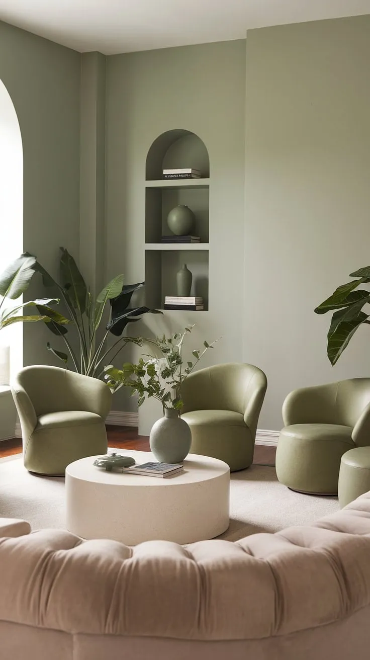 Featuring a soft sage green hue and neutral accents, this living room exemplifies stylish color schemes that elevate any space.