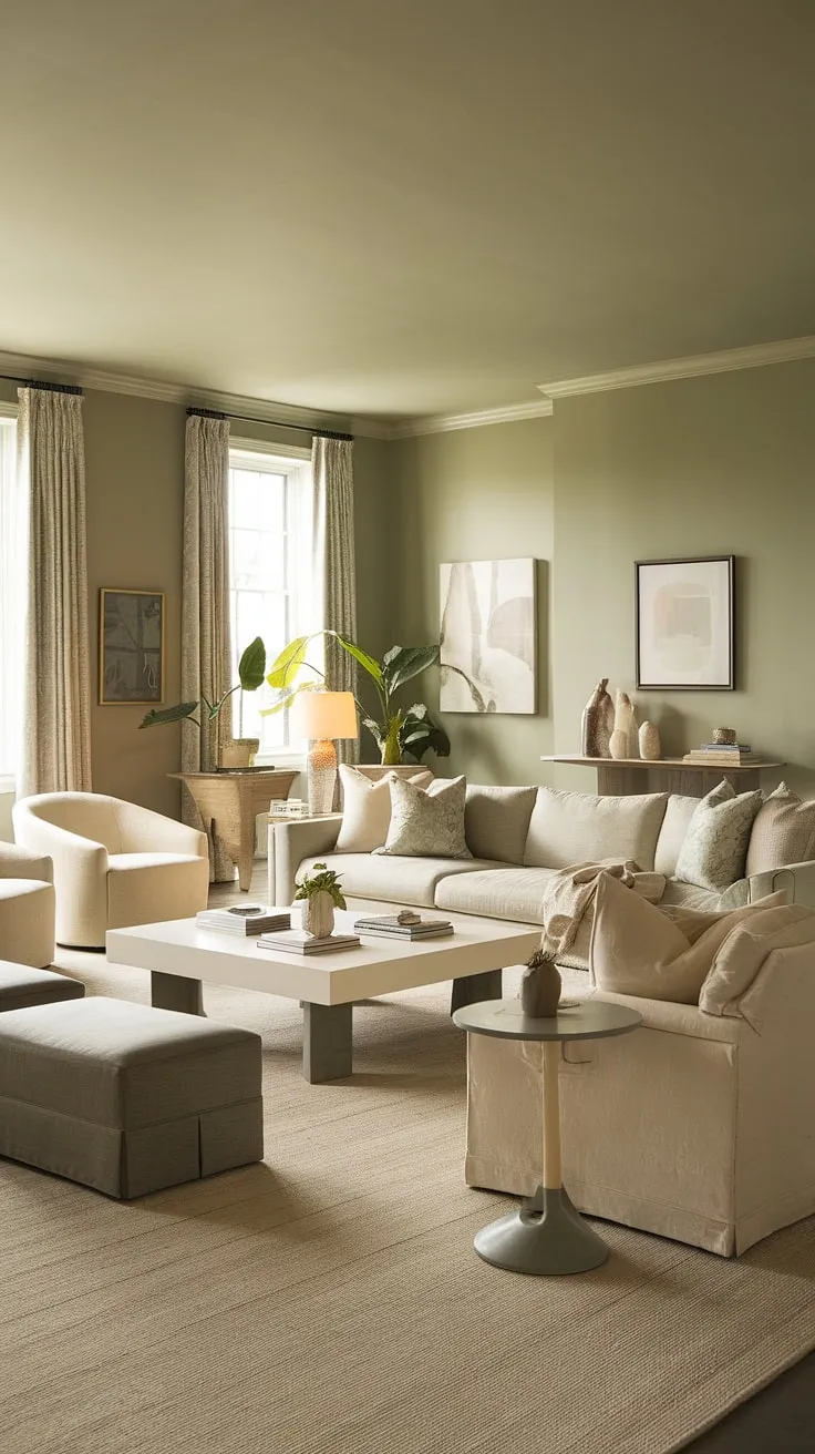 This sage green living room showcases a harmonious color palette of beige, white, and gray, offering stylish living room decor inspiration and versatile room color schemes.