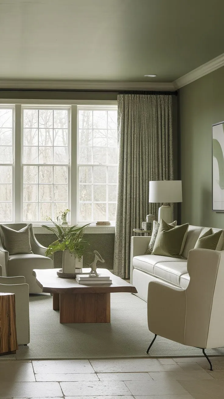 With its soothing sage green walls and thoughtfully curated decor, this green living room serves as a perfect example of elegant living room color schemes and decor inspiration.