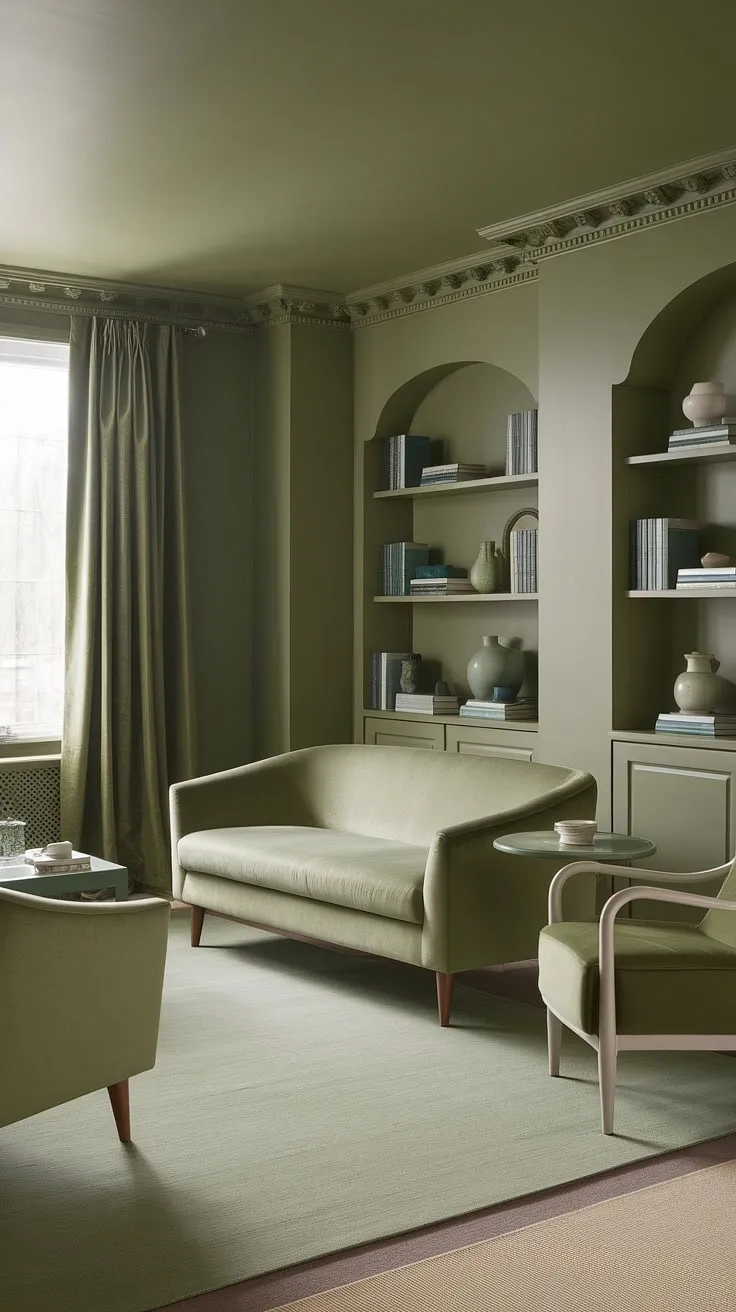 The cohesive green living room design, featuring a plush sofa and decorative accents, serves as a stunning example of modern living room color schemes.