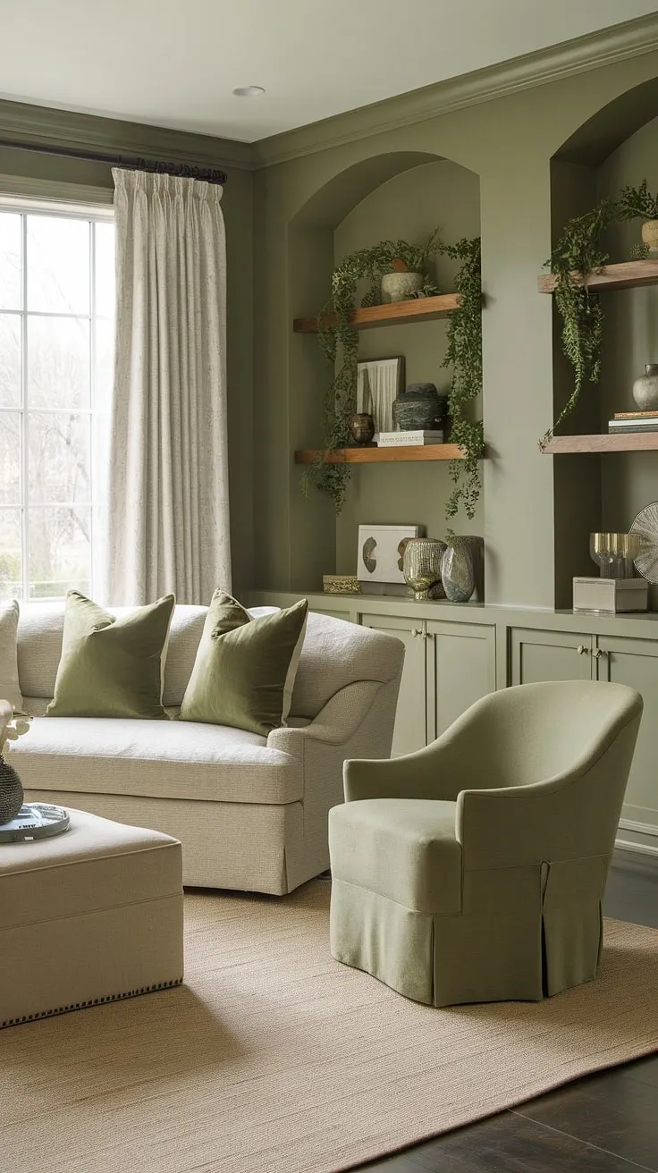 This sage green living room, featuring a beige sofa and green accents, offers inspiring decor ideas for harmonious color palette living room schemes.