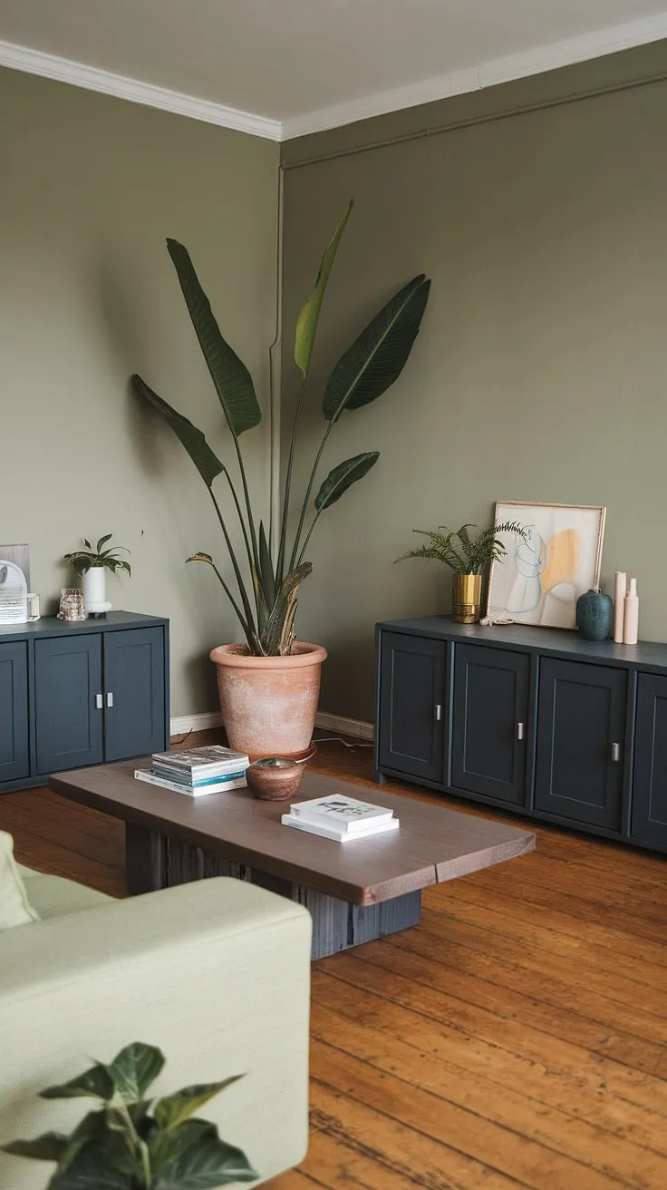 Featuring a stylish dark gray cabinet and warm wooden floors, this green living room exemplifies modern room color schemes.