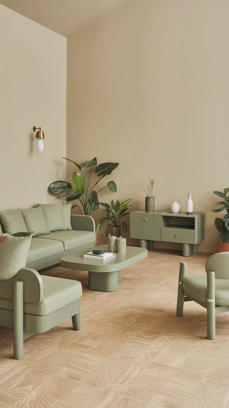 Featuring a sage green sofa and chair against beige walls and wooden flooring, this living room exemplifies elegant color schemes and decor inspiration.