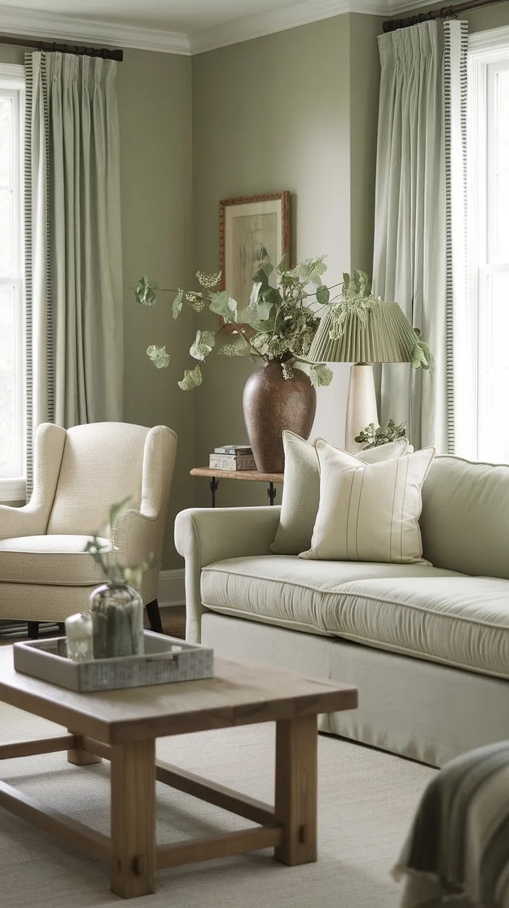 The soft sage green walls and carefully chosen furnishings create an inviting green living room that serves as ideal living room decor inspiration for stylish room color schemes.