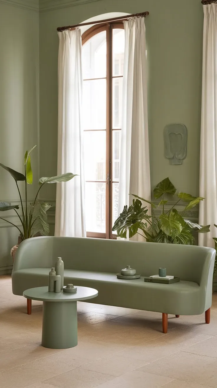 The soft green walls and natural elements create a cohesive look in this green living room, perfect for exploring stylish living room color schemes.