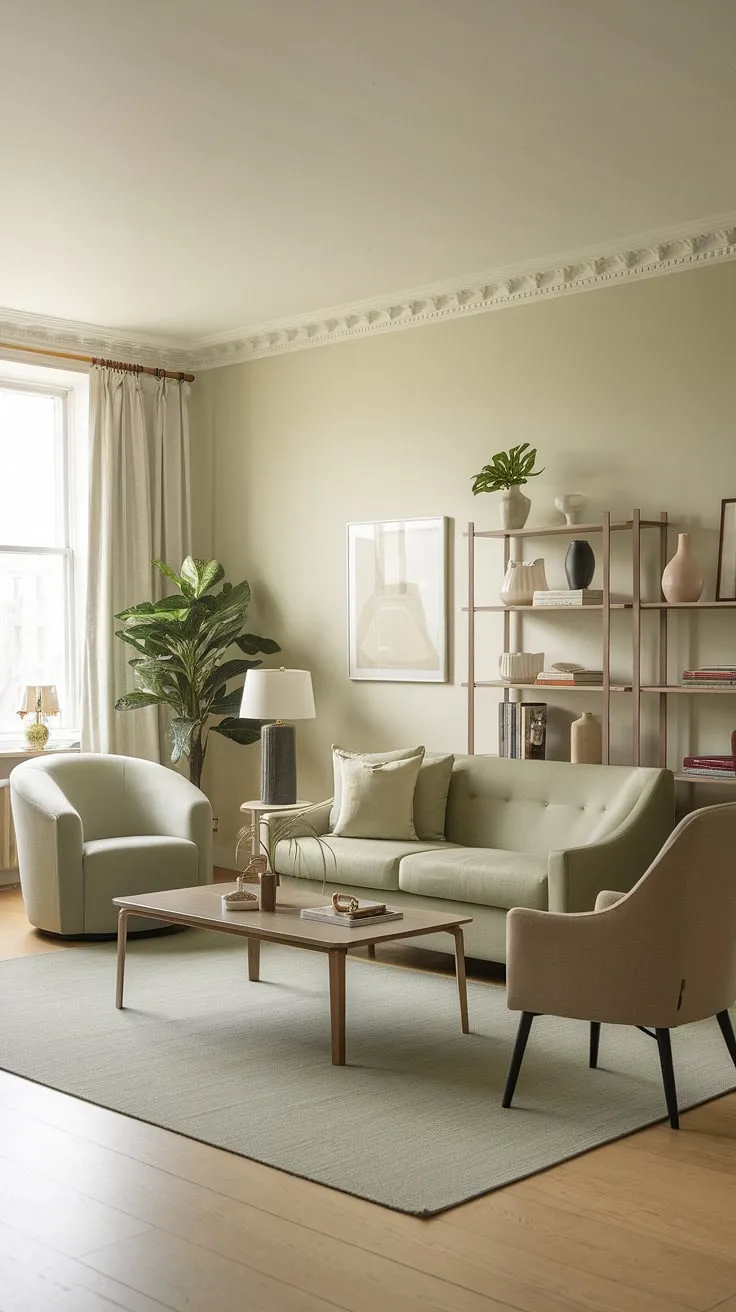 This sage green living room, adorned with a beige and light wood color palette, offers inspiring decor ideas for stylish living room color schemes.