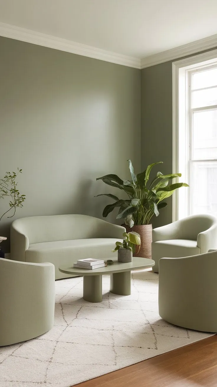 This modern sage green living room showcases a harmonious color palette, offering fresh living room decor inspiration with its stylish furniture and natural light.