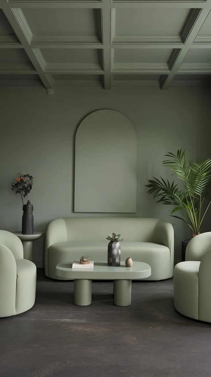 This sage green living room features a chic design with coordinated furniture and decor, perfect for exploring trendy living room color schemes.