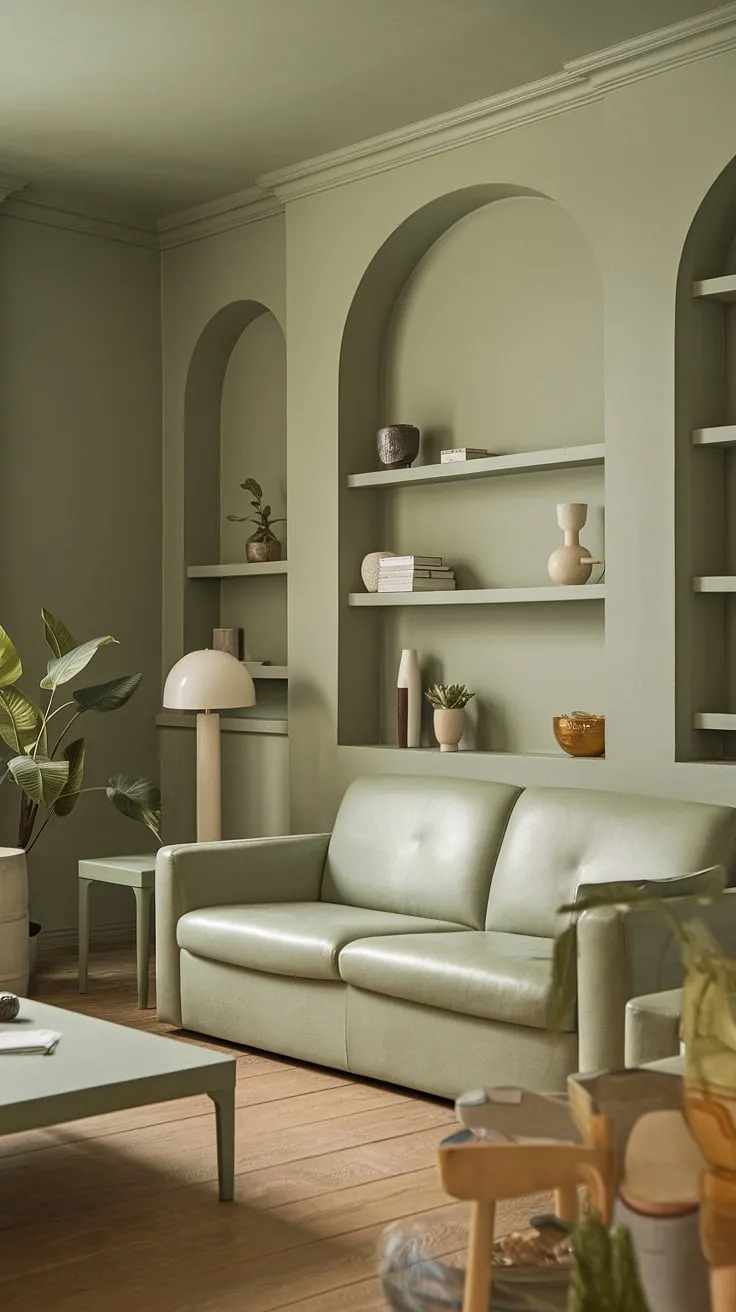 This sage green living room showcases a harmonious color palette that serves as perfect living room decor inspiration for stylish room color schemes.